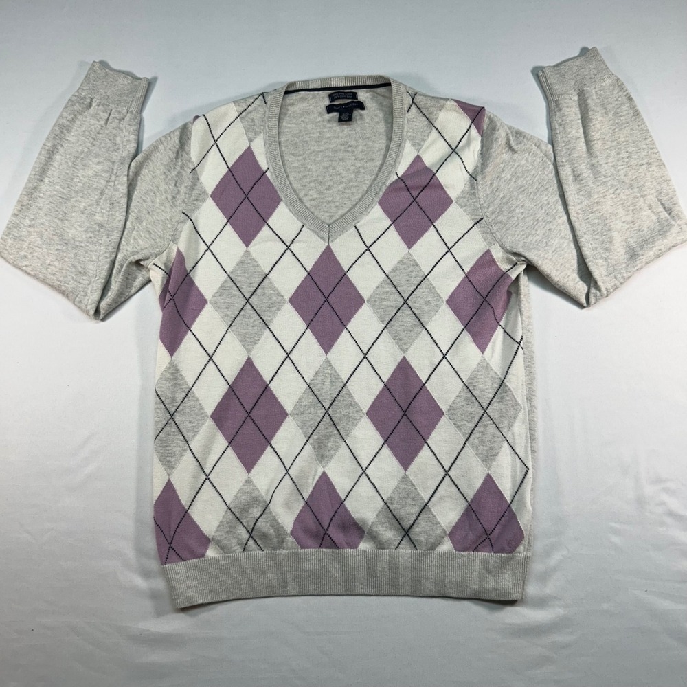 Tommy Hilfiger Mens Large Grey Purple Argyle V-Neck 100% Pima Cotton Sweater - Picture 1 of 7